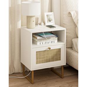 Masupu Extra Large Rattan Nightstand with Charging Station,Boho Night Stand Modern Farmhouse Wood Bedside Table with Storage Drawer and Open Shelf,Side End Table for Bedroom,Living Room,Office White