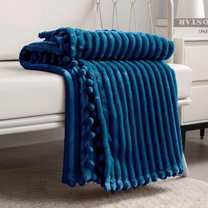 DISSA Fleece Blanket Throw Size  51x63, Blue  Soft, Plush, Fluffy, Fuzzy, Warm, Cozy  Perfect Throw for Couch, Bed, Sofa - with Pompom Fringe - Flannel Blanket Throw Blanket