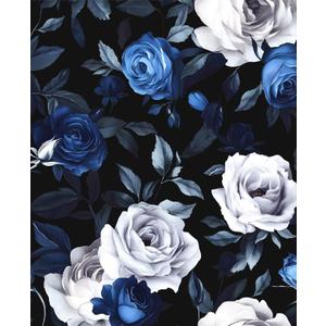 Black Foral Wallpaper Peel and Stick Dark Blue White Rose Contact Paper, Self-Adhesive Removable Vintage Flower Wall Paper for Bedroom Countertop Desk Cabinets Decor 17.4" x 118" Renter Friendly