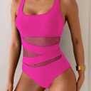 B2prity Women's Mesh One Piece Swimsuit Tummy Control Sexy Bathing Suit Push Up Swim Suit Slimming Swimwear (Pink, L)