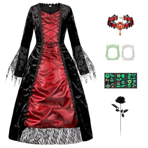 jiobabe Kids Royal Vampire Costume Girls 3-14 Years Halloween Costumes Dress with Teeth Necklace Accessories GR003XXL, Size 11-12
