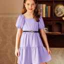 Arshiner Girls Dresses Short Sleeve Ruffle Chiffon Summer Flowy Dress with Square Neck (Purple)