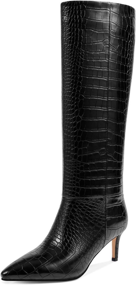 wetkiss Knee High Boots for Women - Pointed Toe Kitten Heel & Crocodile, Side Full Zipper for Easy Wear, All-Day Comfort Boots for Work, Party and Daily Chic Style, Size: 6