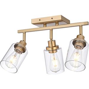 3-Light Gold Tracking Lights, Multi-Directional Rotating Ceiling Tracking Lighting Fixture with Clear Glass, Modern Bathroom Ceiling Vanity Lights Track Lighting Kits for Kitchen Accent Shop