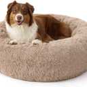 Bedsure Calming Dog Beds Large Sized Dog - 36in Donut Washable Large Pet Bed,Anti-Slip Removable Cover,420GSM Round Anti-Anxiety Fluffy Plush Faux Fur Bed, Fits up to 80 lbs Pets,Plus Version (Camel)