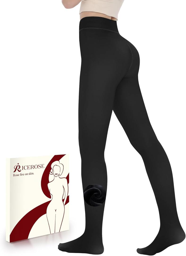 iceROSE Fleece Lined Tights Women - Sheer Black Thermal Leggings Thick Warm Pantyhose Fake Translucent Dress for Cold Winter (Large-X-Large)