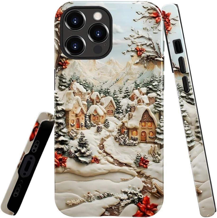 Case for iPhone 15 Pro Max,Snowy Winter Village Christmas Phone Case Slim Silicone Shockproof Cover for Girls Women（Glossy & Durable）