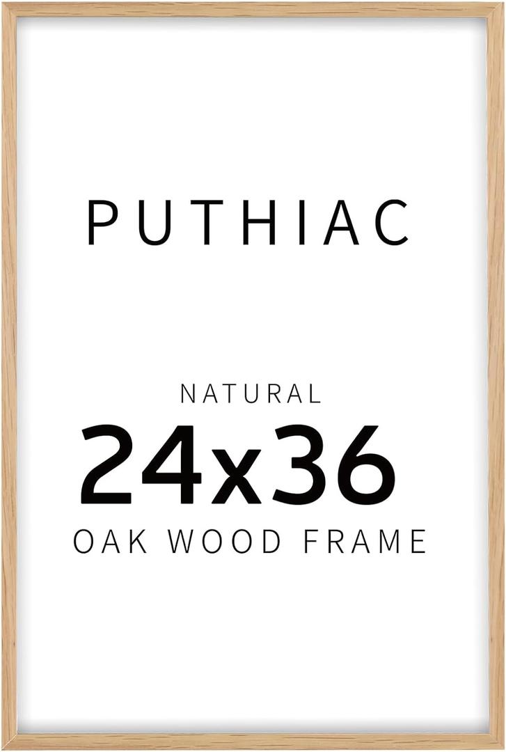 puthiac 24x36 Solid Oak Wood Picture Frame, 24 x 36 Poster Frames for Wall, Vertical or Horizontal, Plexi Front, 1 Pack, Natural Oak