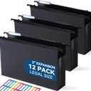 Plastic Extra Capacity Legal Size Hanging File Folders, 2" Expanding Pocket, Heavy Duty for Filing Cabinet, Insertable 1/5-Cut Tabs - 12 Pack (Black)