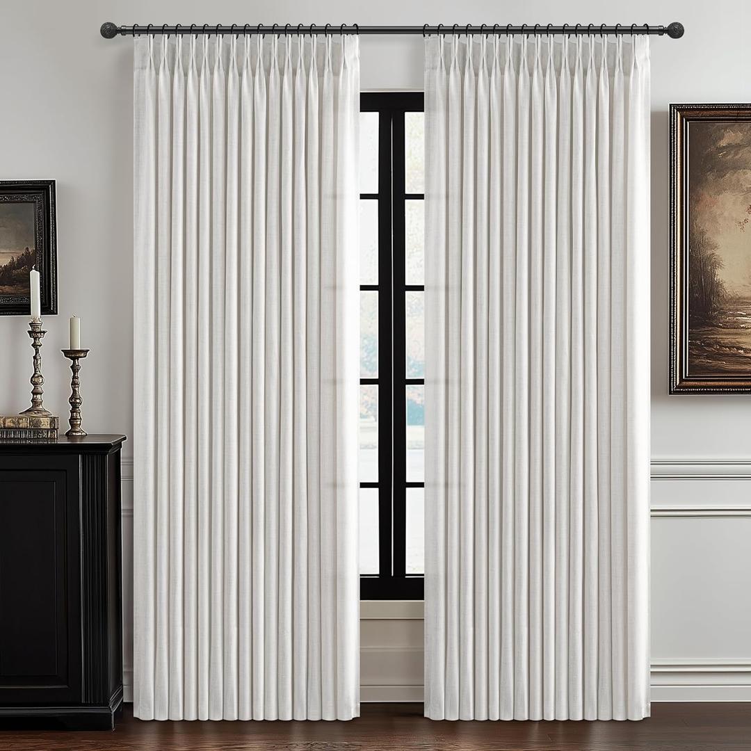 Beige White Linen Extra Wide Sheer Curtains 70 x 90 Inches Long 2 Panels Set for Bedroom, Pinch Pleat Light Filtering Summer Heat Curtain with Ceiling Track Off White 90 Inch Length Sliding Door Burg