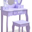 Teamson Kids Heart Glow Makeup Kids Vanity Set with Heart Shape LED Light-Up Mirror, Matching Stool and Storage Drawers, Pretend Makeup Play Table for Toddlers and Girls 3+ Years Old, Purple