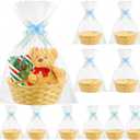 Boao 12 Pack Christmas Empty Gift Basket Bulk Xmas Empty Sturdy Woven Bamboo Gift Basket to Fill for Holiday Picnic Kitchen Includes 20 Pull Bows and 20 Clear Gifts Bags, 9 Inch