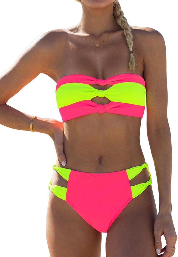 WODECASA Women's Neon Color Block Bikini Set Bandeau Knotted Cutout Sexy 2 Piece Swimsuit Bathing Suit (Small, 192 Hot Pink + Neon Yellow)