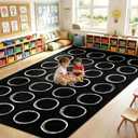 7.6x12 ft Large White Circles Abstract Classroom Rug Black and White Educational Area Mat Circle on Black Play Carpet Back to School Learning Mat for Preschool Playroom Nursery Kindergarten(Circles)