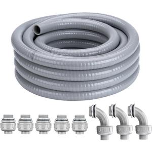 1 Inch 50 FT Liquid-Tight Conduit and Connector Kit Non Metallic Flexible Conduit Electrical Kit - 5 Straight and 3 Angle Fittings Included for Electrical Wiring