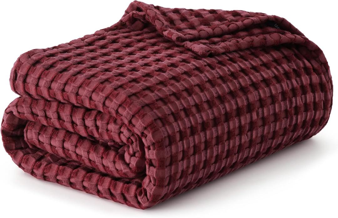 Bedsure Cooling Cotton Waffle Queen Size Blanket - Lightweight Breathable Blanket of Rayon Derived from Bamboo for Hot Sleepers, Luxury Throws for Bed, Couch and Sofa, Dark Red, 90x90 Inches