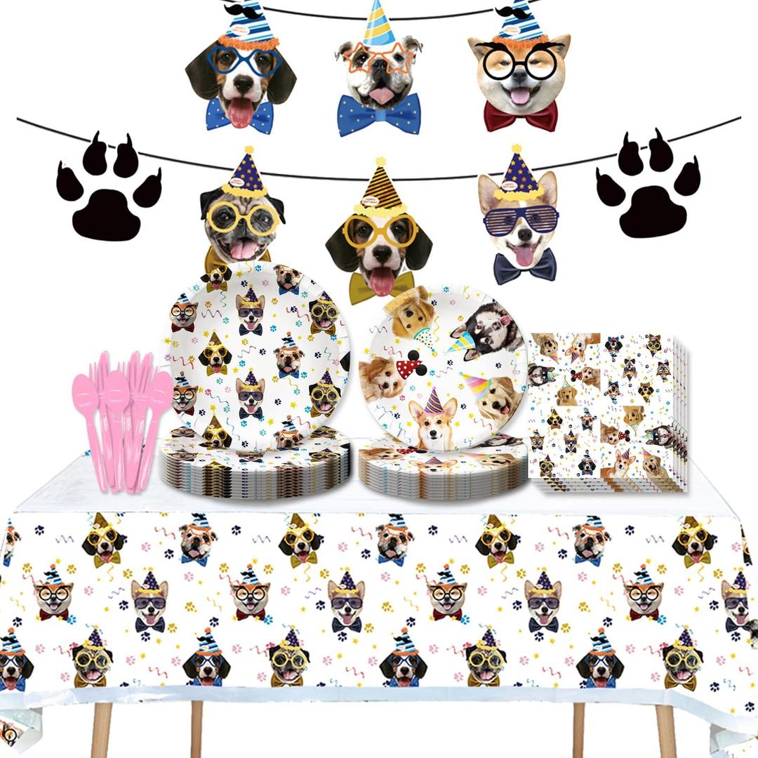 122Pcs Dog Themed Birthday Party Decorations Tableware Set Inculde Plates Napkins Knives Forks Spoons Tablecover Banner for Pet Party Serve 20 Guests