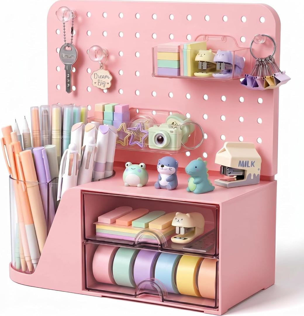 Novabright Desk Organizer with 2 Drawers, Rotating Pen Holder with 5 Slots & Pegboard, Back to School & End of School Year Gifts, Multifunctional Desktop Storage for Desk Home Office Supplies(Pink)