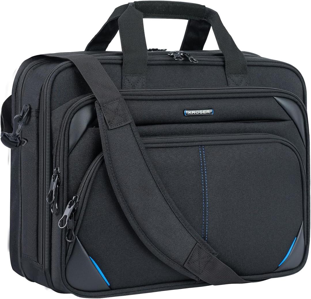 KROSER 15.6 Inch Laptop Briefcase Computer Bag, Messenger Shoulder Bag
Water Repellent, Detachable Shoulder Strap, Luggage Strap for Business, College, Men & Women-Black/Blue