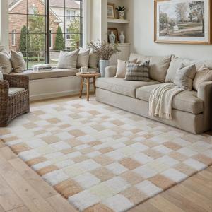 5x8 Checkered Area Rug Beige Fluffy Shag Living Room Throw Rug Washable Non-Slip Soft Pile Fuzzy Carpet for Bedroom Dorm Bathroom Dining Room Home Aesthetic Decor Indoor