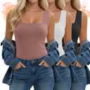 Velvelhall 3 Pack Women's Thermal Tank Tops, Fleece Lined Raw Hem Sleeveless Tops Camisole Warm Square Neck Base Layer Vest(Black, White, Smoky Pink,Large)