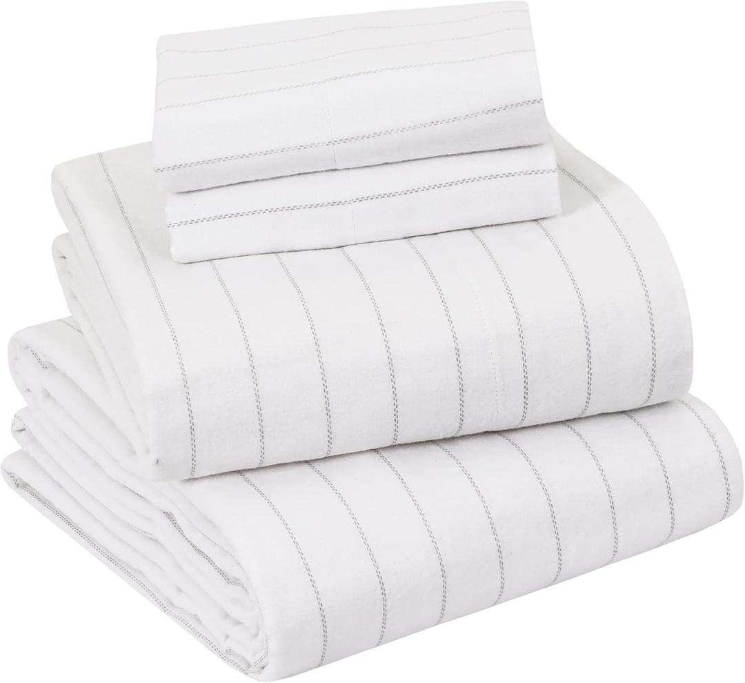 Sleepdown 100% Cotton Flannel Sheets Queen Size - Super Soft Heavyweight Double Brushed Anti-Pill Flannel Queen Sheets - 16" Deep Pocket Queen Fitted Sheet X2 Side Pockets (Queen, White Pin Stripe)