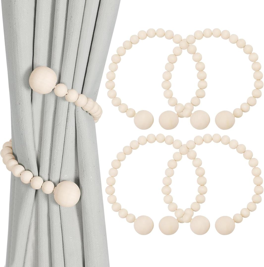 KLOGTSIND Wood Bead Curtain Tiebacks, Curtain Tie Backs for Curtains 4 Pack, DIY Curtain Holdbacks for Thin or Thick Window Draperies, Twist Tie Backs for Boho Bedroom Decor, No Magnetic