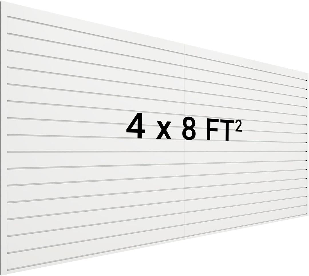 Neoaider Slatwall Panel 8 FT x 4 FT, Interlocking Slat Wall Paneling, Wall Mounted PVC Wallpanel, Suitable for Garage Storage and Organizer, Slatwall Board, Shelves - White
