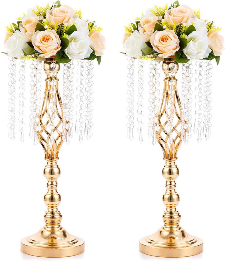 2 Pcs 19.3 inches Gold Centerpieces Table Tall Crystal Flowers Stand Wedding Road Lead Flower Holders Crystal Chandelier Metal for Reception Tables Supplies