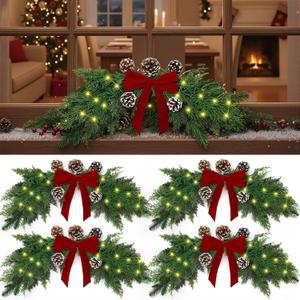 Hungdao 4 Pcs Christmas Cedar Swags with Lights 28  12 Inches Greenery Pine Window Swags Christmas Wreath Garland with Cone Red Bows for Rustic Door Farmhouse Wall Home Mantel Fireplace Hanging
