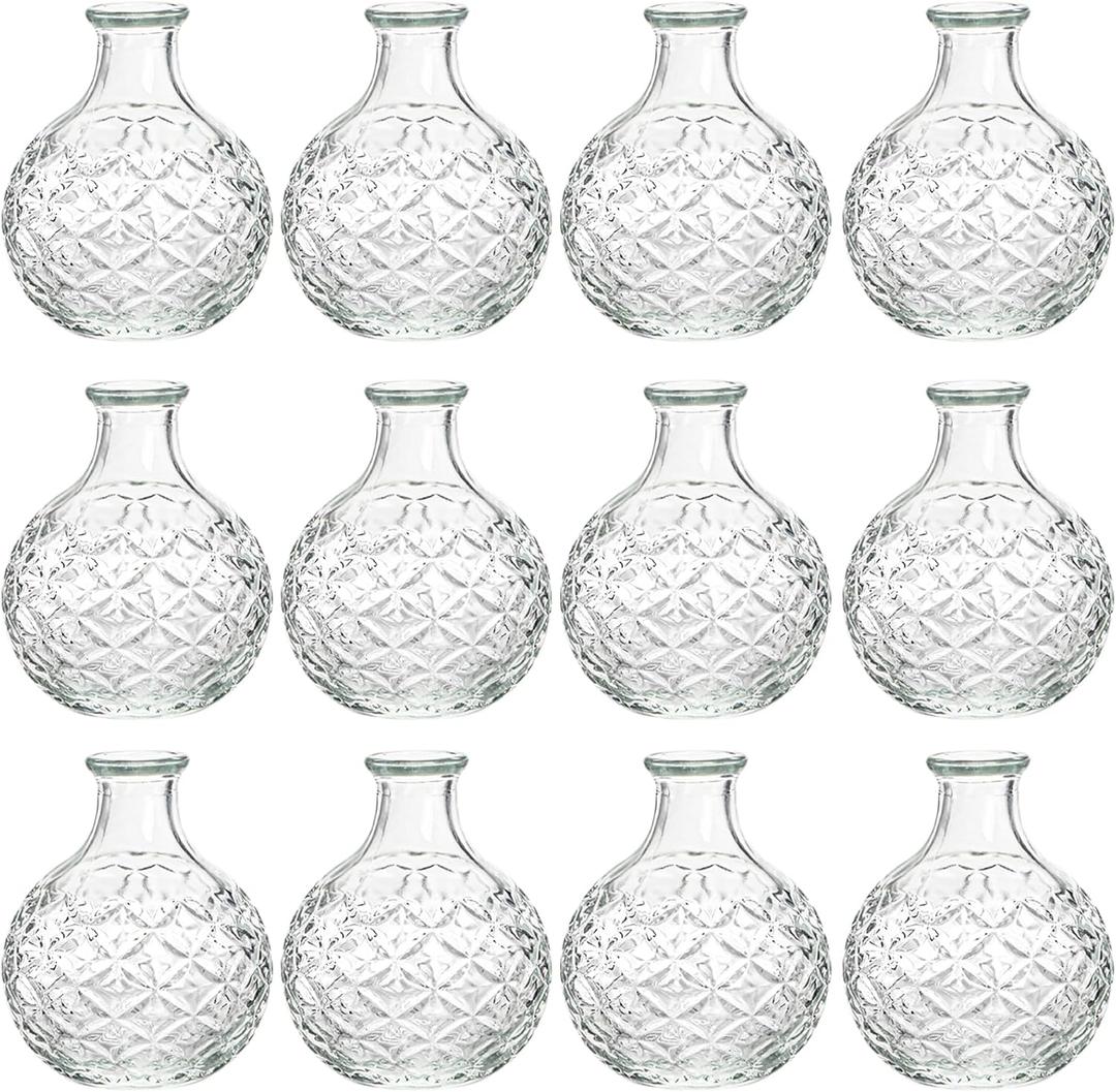 SOUJOY 12 Pack Small Glass Ball Bud Vase, Unique Mini Low Sitting Flower Vase, Clear Diamond Floral Centerpieces for Home Decor, Weddings, Floral Arrangements, Events, Parties