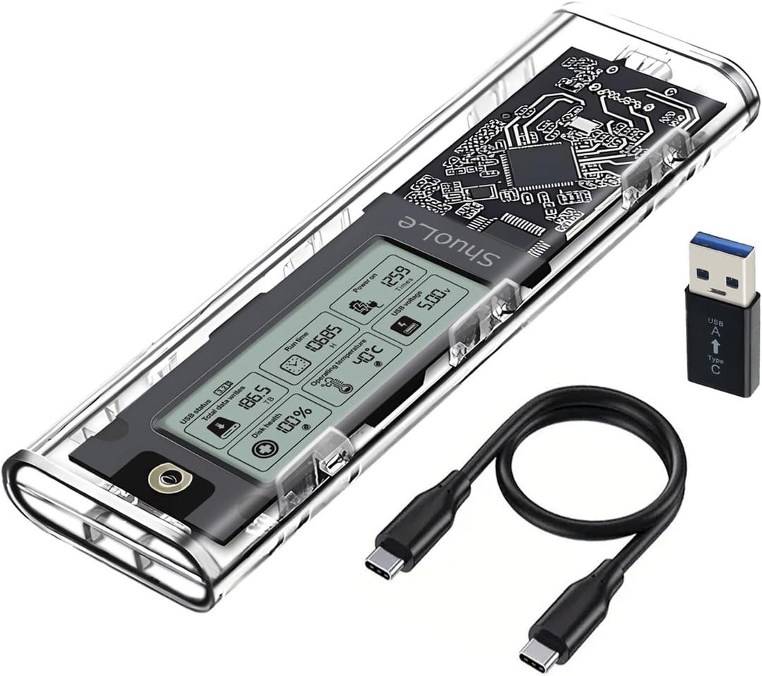M.2 NVMe SSD Enclosure with LCD Screen, USB 3.2 Gen 2 (10 Gbps), Transparent External Solid State Drive Adapter for 2280 PCI-E M and B&M Keys, USB Type C Converter Case