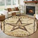 Brown Texas Star Country Round Rug 5ft Washable Circle Kitchen Rugs Non Slip Western Stars Retro Large Area Rug Indoor Floor Carpet for Bedroom Living Room Home Office Dining Room Nursery (Light Brown Tan Brown)