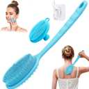 Silicone Face & Back Scrubber Set, Manual Face & Body Scrubber Exfoliator with Soft Bristles and Non-Slip Handle, Back Brush Bath Brush with Detachable Brush Head(2PCS Blue Set)