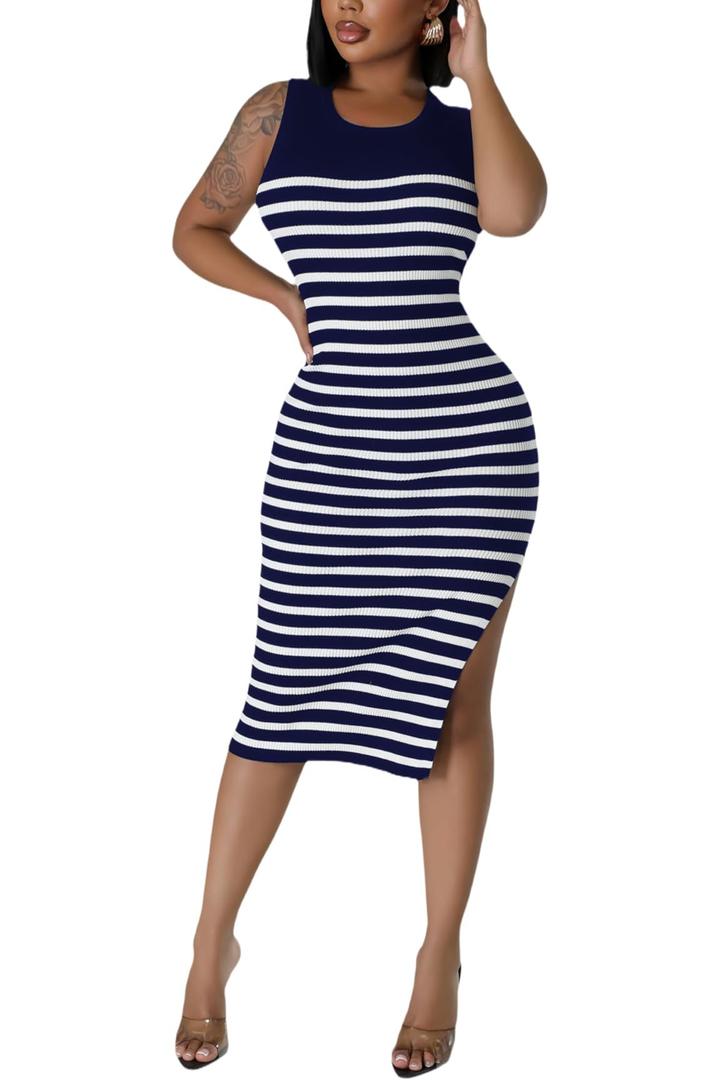 Women's Casual Spring Summer Stylish Striped Round Neck Sleeveless Knitted Slit Midi Dress Deep Blue (Blue, L)