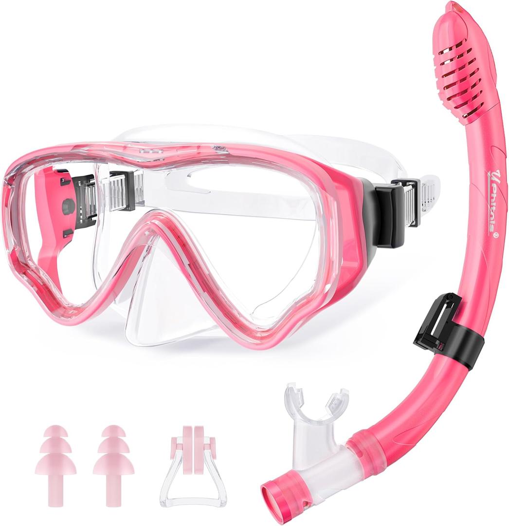 U PHITNIS Kids Snorkel Set for Age 4-14 - Dry Top Snorkeling Gear for Kids Junior & Youth - Childs Diving Mask with Big Eyes for Boys Girls - Anti-Fog Snorkeling Mask and Snorkel Set (Rose)