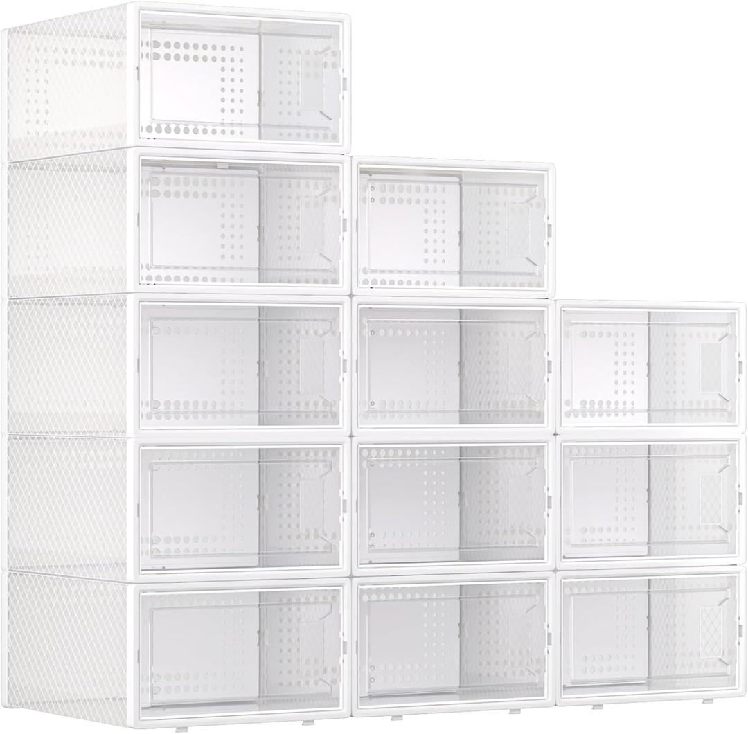 Trdongxu X-Large Plastic Clear Shoe Storage Boxes Stackable 12 Pack Fit Size 11, Shoe Rack & Holder Substitute, Sneaker Containers, Toy Storage Organizer for Entryway, Closet, Under Bed (White)
