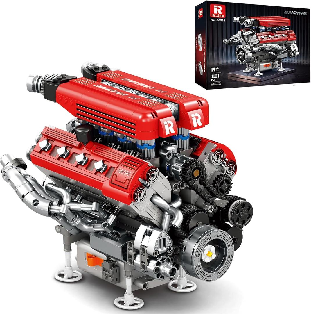 Reobrix V8 Engine Model Building Kit for Adults, V8 Engine Model that Runs, Physical Science Experiment Kit for Adults, Collectible Car Engine Engineering Building Block,STEM Gifts for Car Lovers 14+