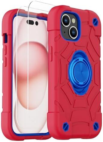 KCJ Compatible with iPhone 15 Case with[2×Screen Protectors+1xLens Protector][Ring Stand] Soft Silicone+Hard PC Full Body Protection Phone Shell Durable Rugged Case for iPhone 15 6.1"