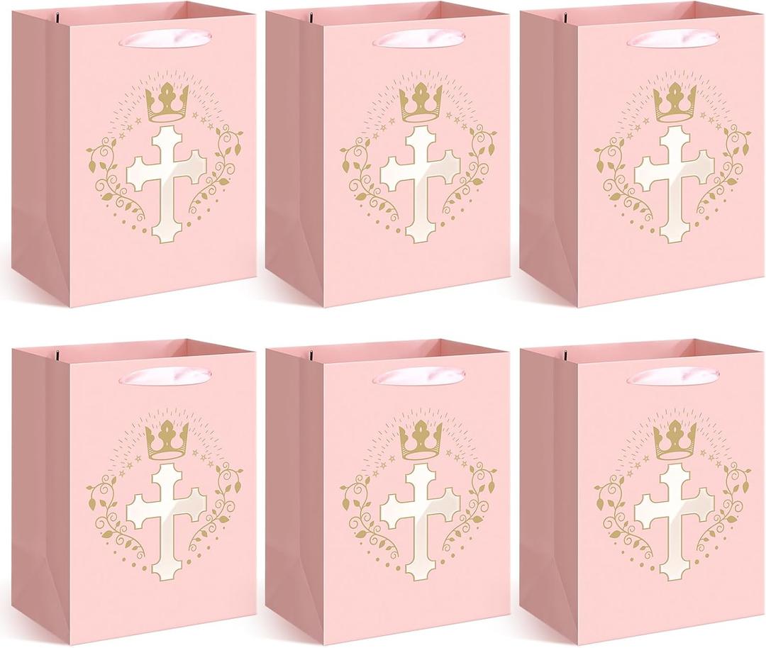 Humyoun 6 Pcs Pink Baptism Christian Religious Gift Bags with Cross Design Bulk 10.6 x8.2 x5.5 First Communion Baptism Confirmation Gift Bag for Baby Wedding Easter Clergy Day