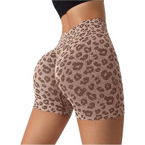 Women's Leopard Print High Waisted Sports Biker Shorts Tummy Control Stretchy Shorts (L)