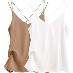 Ekouaer Womens Silk Satin Camisole Tank Tops V Neck Spaghetti Strap Blouses Cross Back Sleeveless Cami Shirt (Large, White+Khaki)