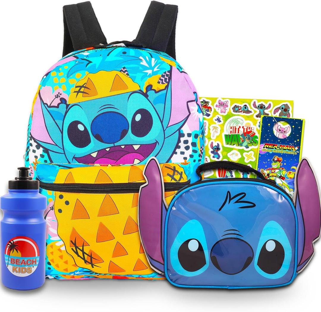 Disney Lilo and Stitch Backpack and Lunch Box Set - 4 Pc Bundle of 16" School Bag, Lunch Bag, and More for Boys and Girls | Stitch School Supplies Set