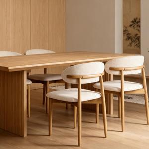 Modern Upholstered Dining Chairs, Beige Fabric Seat with Wooden Legs, Contemporary Kitchen Side Chairs, Set of 2