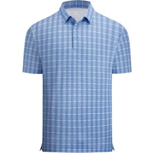 Alex Vando Mens Printed Golf Shirt Cooling Performance Short Sleeve Stretch Dress Polo Shirts Men (Large, Blue White Check)