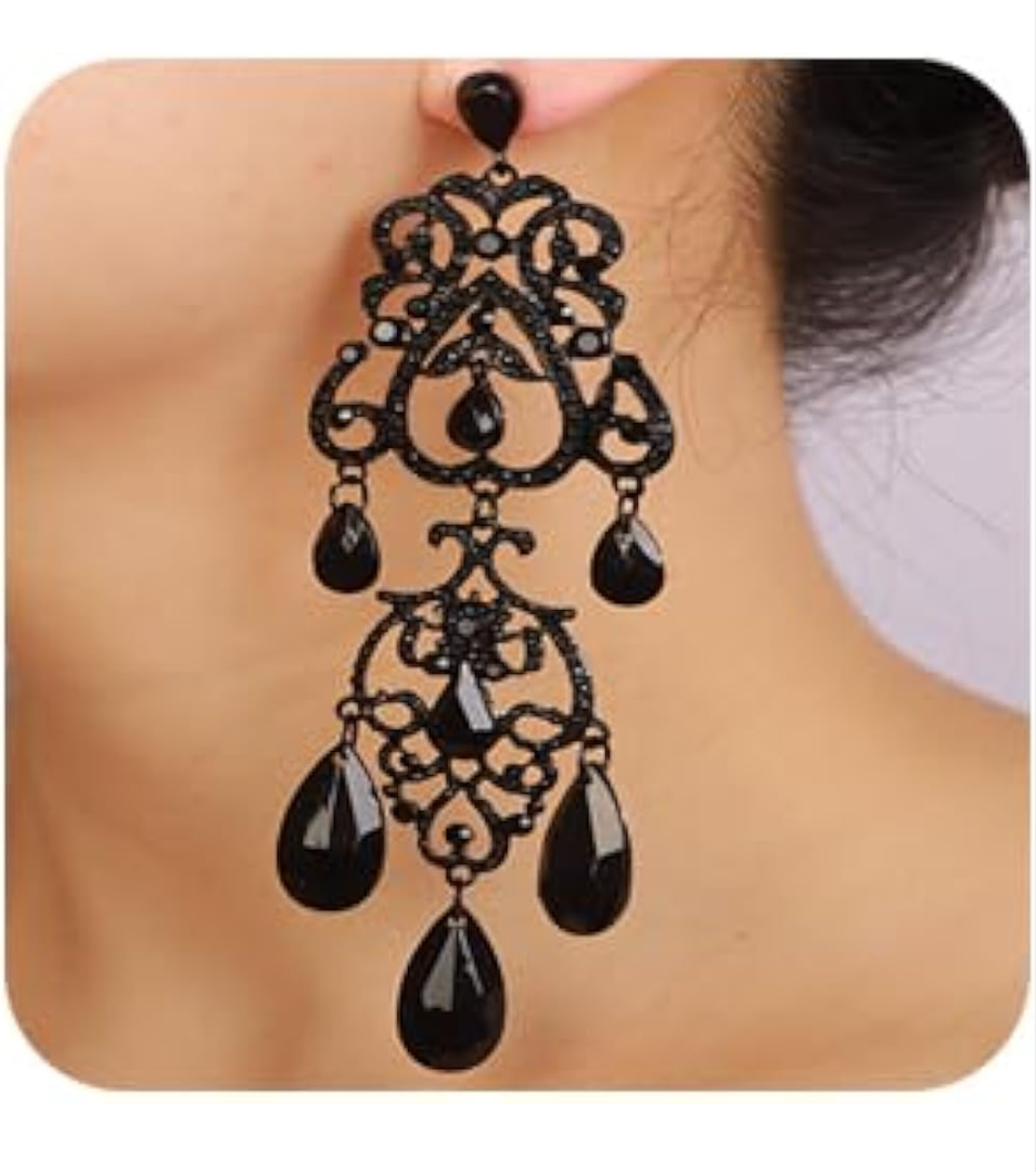 Vintage Black Rhinestone Dangle Drop Earrings Art Deco Vintage Style Chandelier Earrings Black Beads Rhinestone Statement Earrings Halloween Dangle Drop Earrings