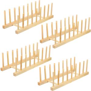 Meyeyaia 4PCS Wooden Dish Rack, Kitchen Cabinet Plate Lid Organizer Vertical Wooden Dish Drying Rack for Dish Pots Lids Cutting Boards Bowls Cups Canvas Prints Artwork Books(8 Slots)