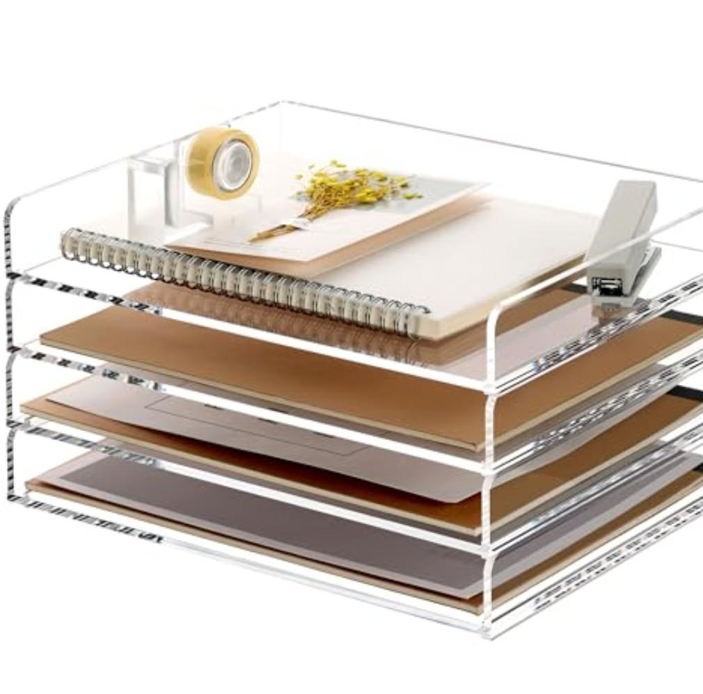 SANRUI 4 Tier Clear Desk Paper Letter Organizer Trays, A4 Stackable File Document Tray, Acrylic Desk Organizers and Accessories Sorter, Workspace Office Supplies Organizers,12.4inx8.86inx6.64in