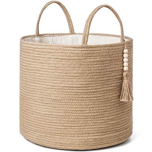 Mkono Woven Storage Basket Decorative Natural Rope Basket Wooden Bead Decoration for Blankets,Toys,Clothes,Shoes,Plant Organizer Bin with Handles Living Room Home Decor, Jute, 16" W × 13.8"L 2 Ct