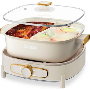 Dezin Hot Electric Shabu Shabu Pot, 5.5L Double-Flavor, Removable Non-Stick Dual Sided Cooker, 3" Depth Divided Pot with Multi-Power Control, 2 Silicone Ladles (Beige)
